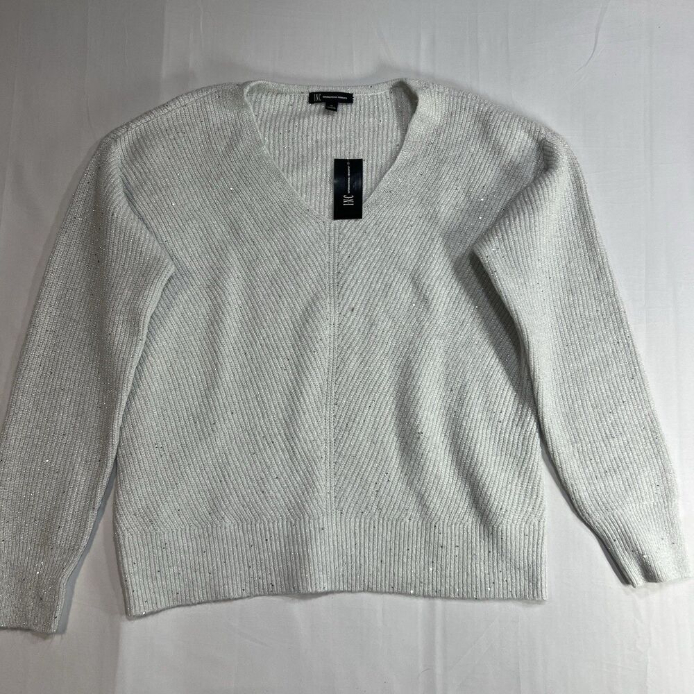 INC International Concepts Womens XL Shine V-Neck Sweater Silver Metallic NWT